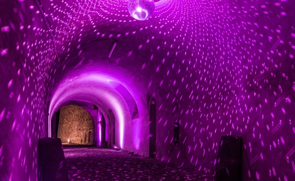 Tunnel beleuchtet mit Diskokugel  ©Christmas Garden, Michael Clemens