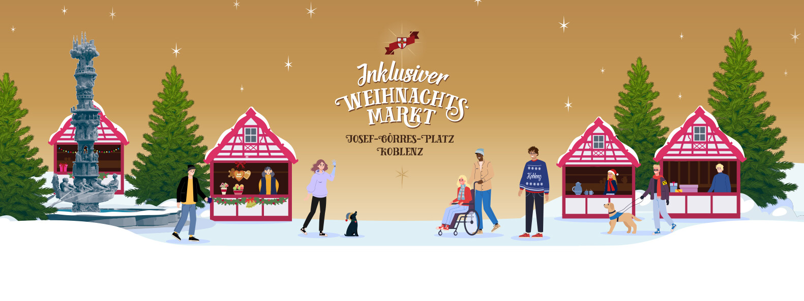 Weihnachtlich geschmückte Buden auf dem Josef-Görresplatz mit Personen im Vordergrund ©Koblenz-Touristik GmbH