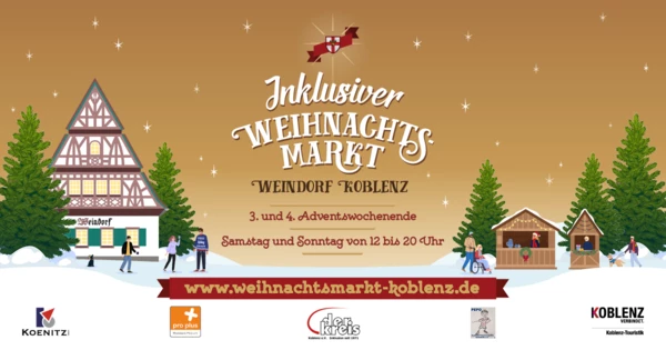 Gebäude des Weindorfes und kleine Weihnachtsmarktstände, davor Besucher, darunter auch eine Person im Rollstuhl und eine Person mit Blindenhund