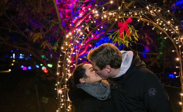 Couple kissing under mistletoe in the Christmas Garden ©Christmas Garden, Michael Clemens