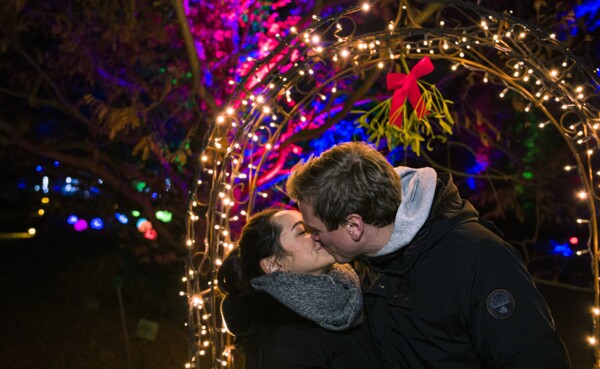 PÃ¤rchen kÃ¼sst unter Mistel mit Beleuchtung des Christmas Garden im Hintergrund ©Christmas Garden, Michael Clemens