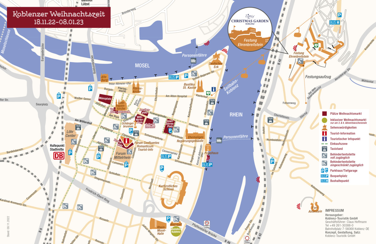 Karte der Koblenzer Innenstadt auf der farblich markiert ist, auf welchen Plätzen in der Altstadt der Weihnachtsmarkt stattfindet ©Koblenz-Touristik Karte der Koblenzer Innenstadt auf der farblich markiert ist, auf welchen Plätzen in der Altstadt der Weihnachtsmarkt stattfindet ©Koblenz-Touristik