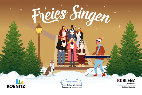 Gezeichnete Personen mit winterlicher Kleidung und Notenblättern in der Hand, im Hintergrund Schneelandschaft und Tannenbäume © Koblenz-Touristik GmbH