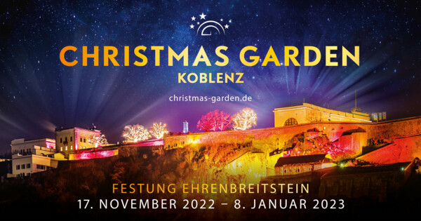 Bunt beleuchtete Festung Ehrenbreitstein mit Angabe des Datums des Christmas Garden ©Christmas Garden GmbH Bunt beleuchtete Festung Ehrenbreitstein mit Angabe des Datums des Christmas Garden ©Christmas Garden GmbH
