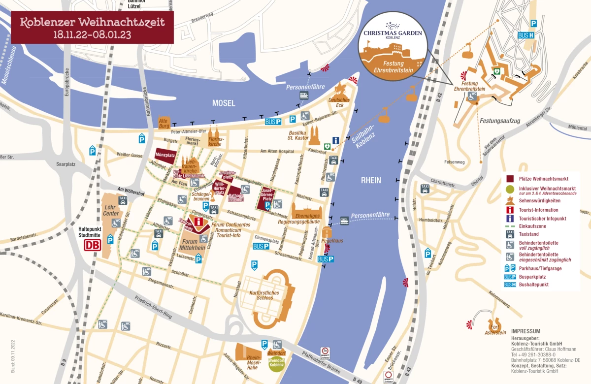 Karte der Koblenzer Innenstadt auf der farblich markiert ist, auf welchen Plätzen in der Altstadt der Weihnachtsmarkt stattfindet ©Koblenz-Touristik