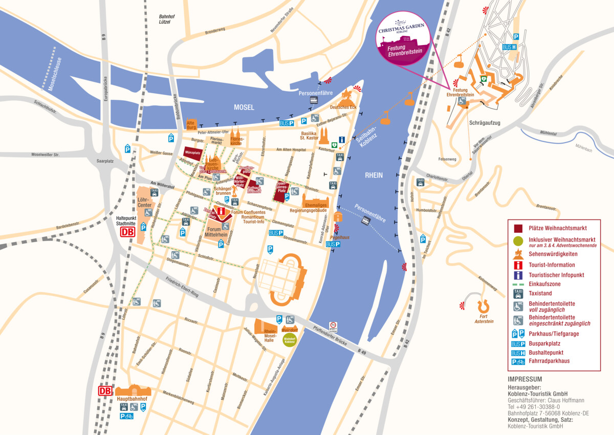 Karte der Koblenzer Innenstadt auf der farblich markiert ist, auf welchen Plätzen in der Altstadt der Weihnachtsmarkt stattfindet ©