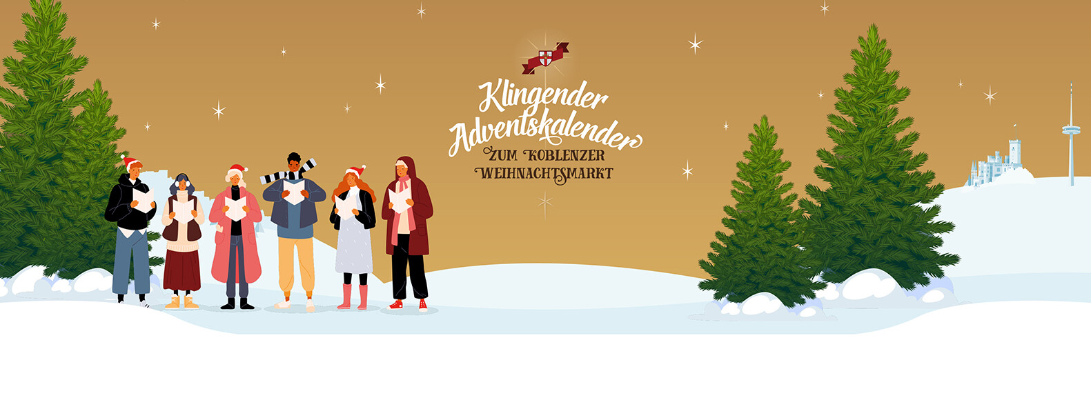 Personen mit Liedheften auf schneebedeckter Landschaft mit Weihnachtsbäumen im Hintergrund ©Koblenz-Touristik GmbH 