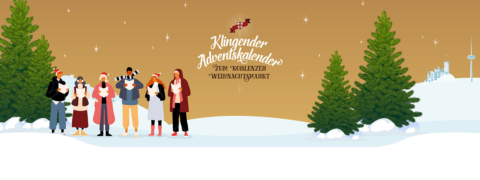 Header Klingender Adventskalender © Koblenz-Touristik GmbH Personen mit Liedheften auf schneebedeckter Landschaft mit Weihnachtsbäumen im Hintergrund © Koblenz-Touristik GmbH